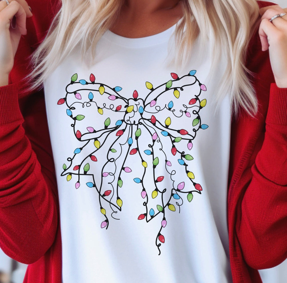 Coquette Christmas Tee Christmas Lights Bow T-Shirt