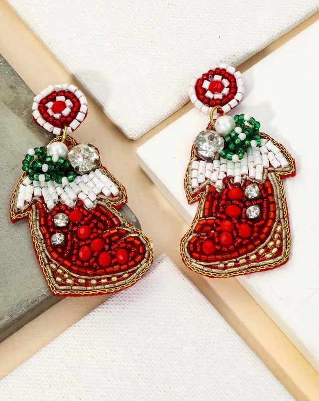 Seed Beaded Christmas Stocking Earrings
