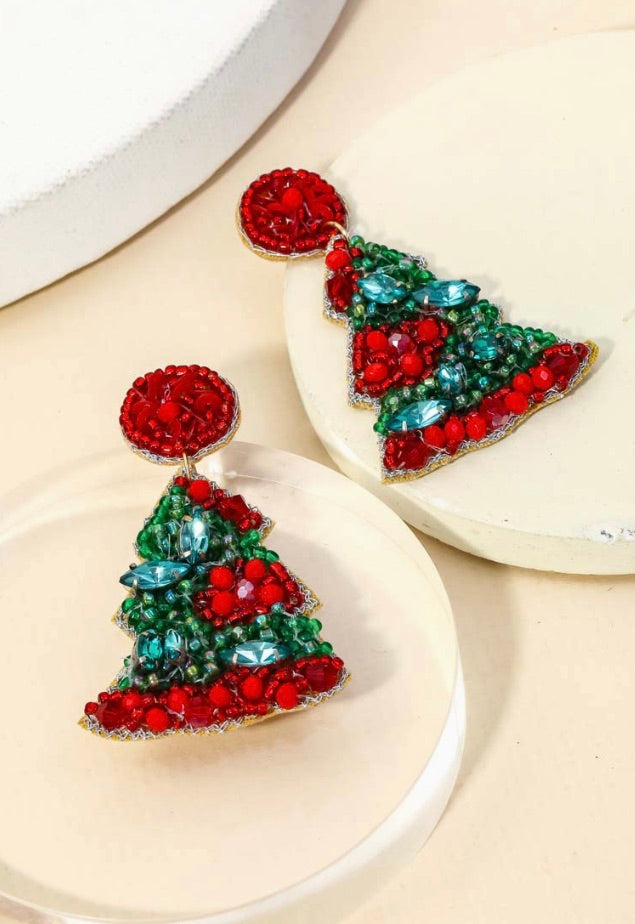 Two Tone Beaded Christmas Tree Earrings