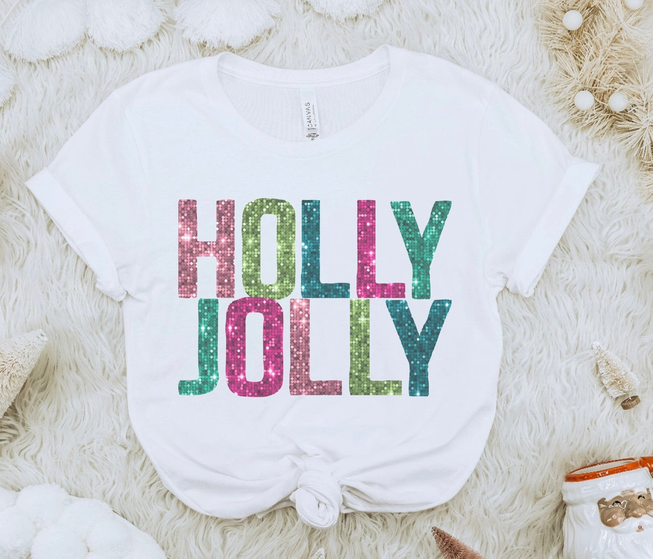 Holly Jolly Faux Glitter Christmas Tee Holiday Tshirt-White