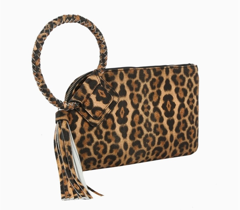 Leopard Cuff Handle Tassel Wristlet Clutch Bag