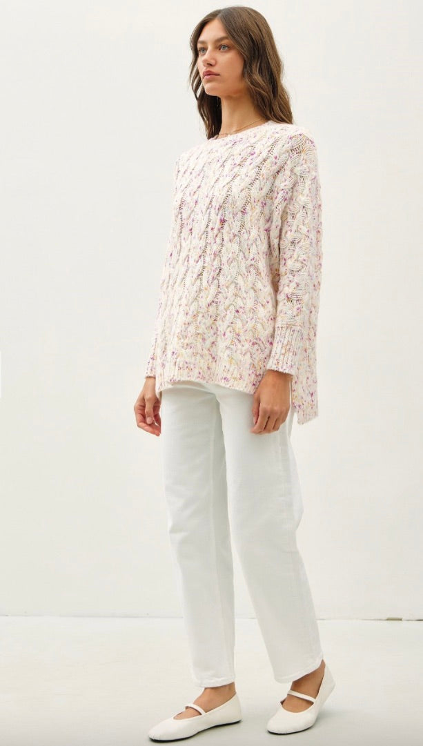 CHUNKY SPECKLED WOOL YARN CABLE KNIT SWEATER