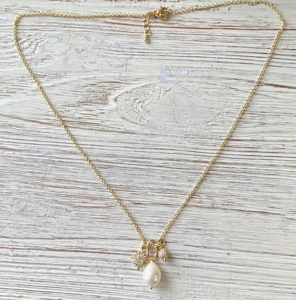 Pearl, Sun, Micro Pave Necklace