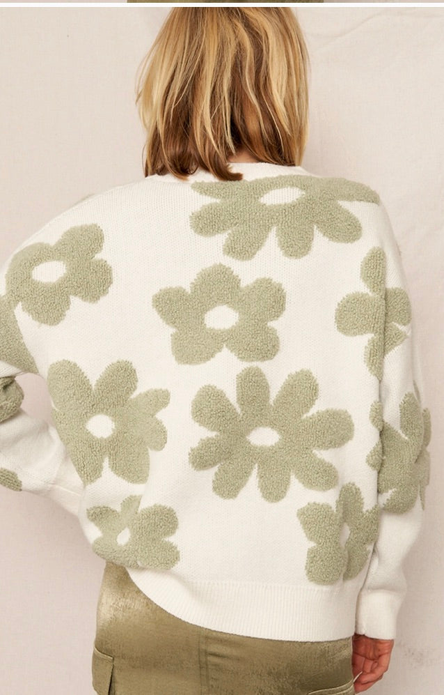 Round Neck Flower Jacquard Knit Sweater-Ivory/Sage