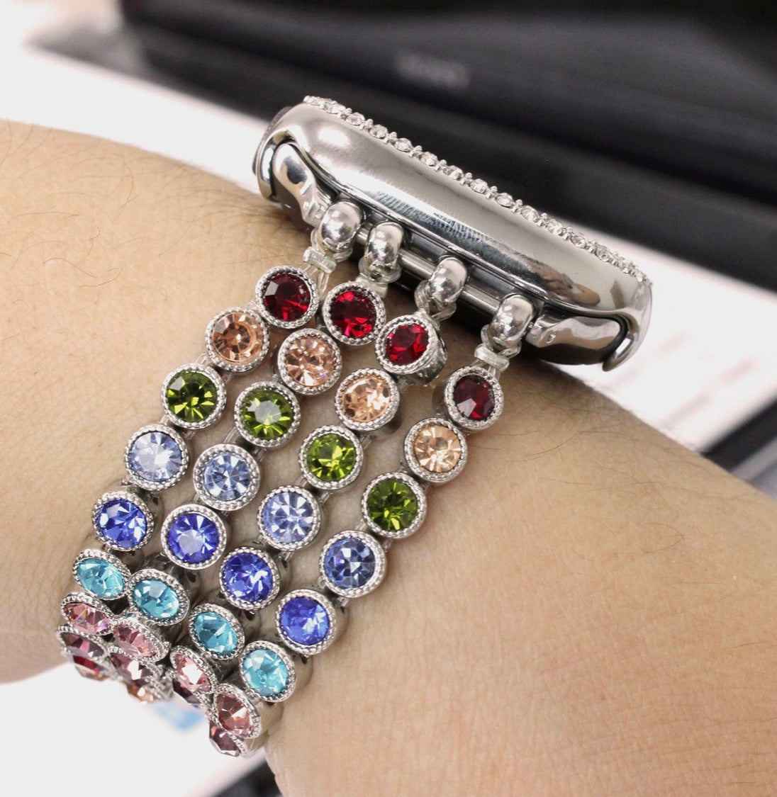 Crystal Diamond Bling Cz Silver Stretch Elastic Apple Watch-Rainbow