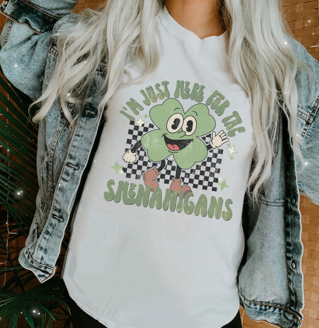 Here For the Shenanigans St Patty Clover Smiley Graphic Tee-Sage