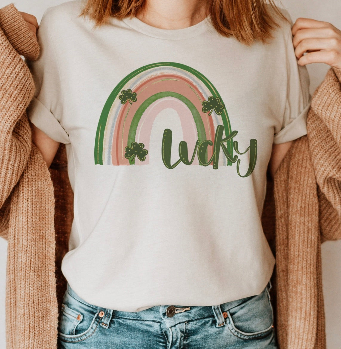 Lucky Rainbow St. Patrick Graphic Tee Retro Clover Graphic-Sand
