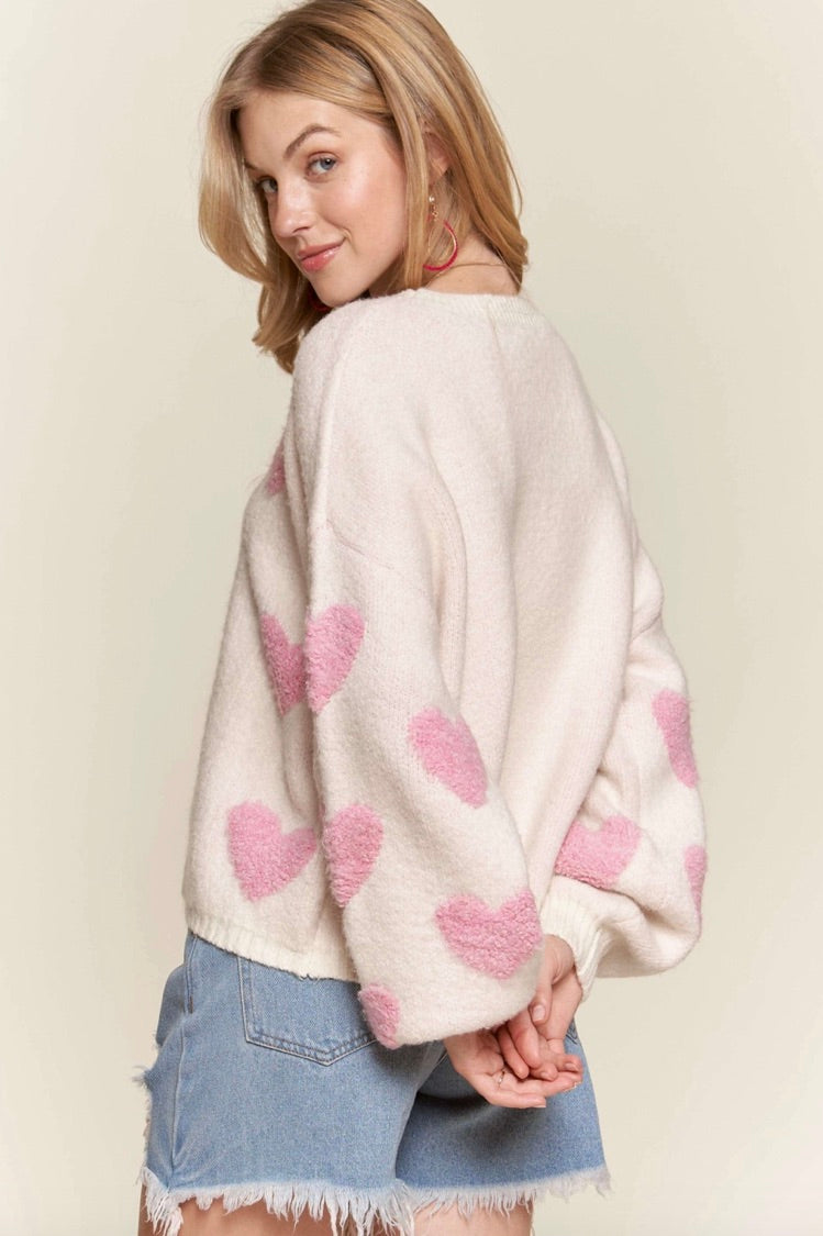 Lovely Heart Sweater Top-Ivory/Pink