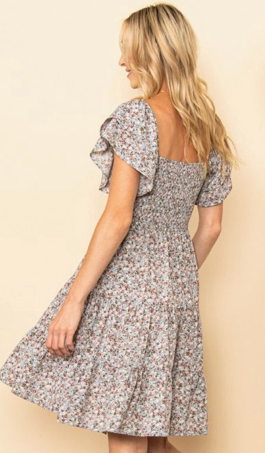 Tiny Floral Flutter Sleeves Smocking Dress-Lt Blue