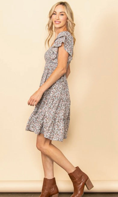 Tiny Floral Flutter Sleeves Smocking Dress-Lt Blue