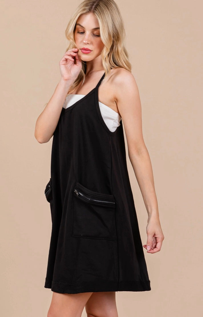 Solid French Terry Front Pockets Dress -Black