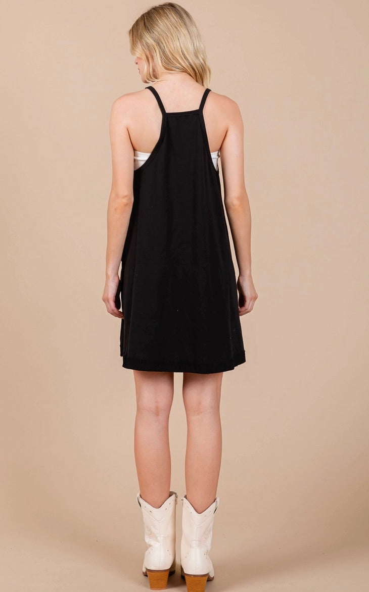 Solid French Terry Front Pockets Dress -Black