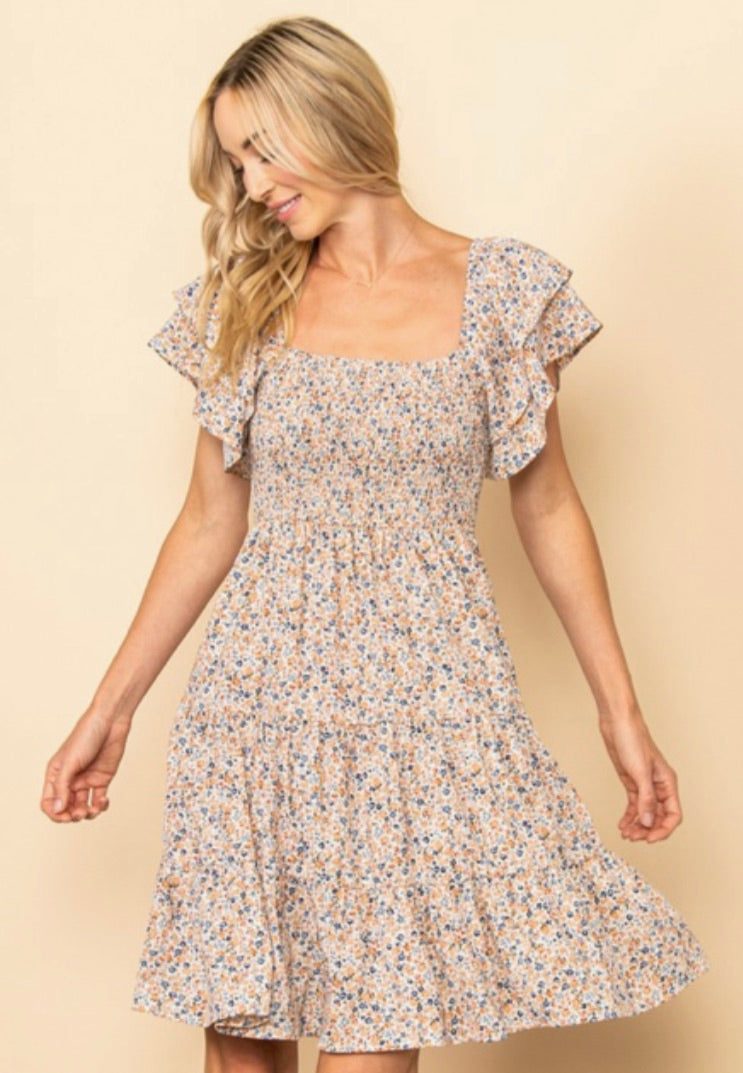 Tiny Floral Flutter Sleeves Smocking Dress-Cream