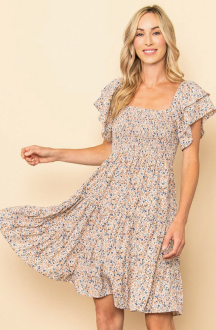 Tiny Floral Flutter Sleeves Smocking Dress-Cream