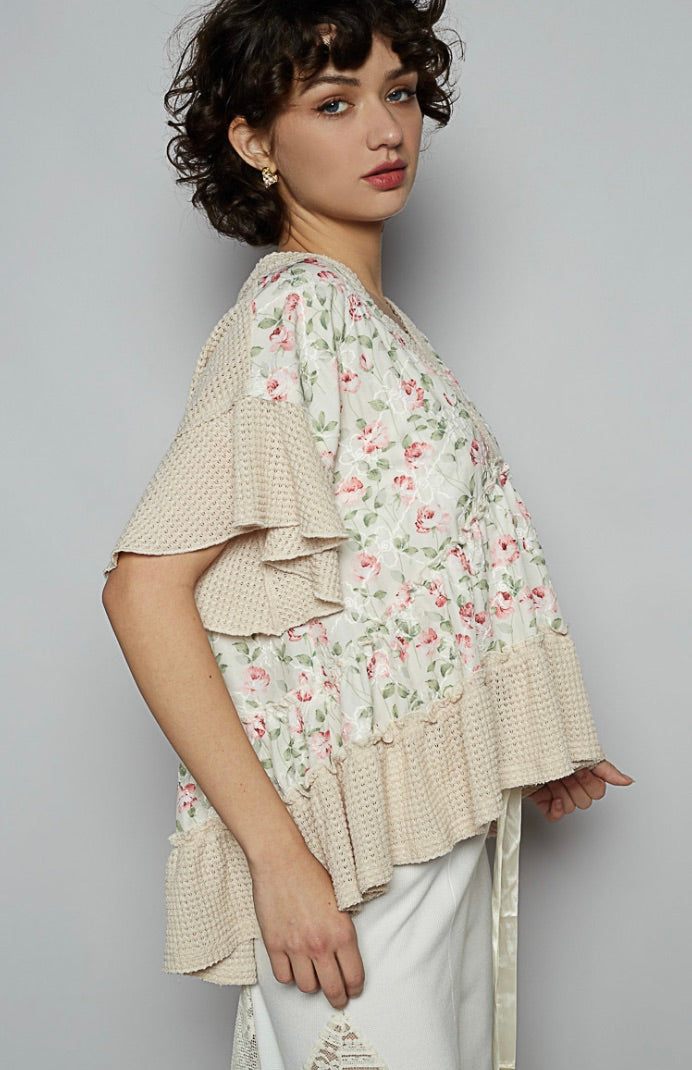 Vanna Floral V-Neck Ruffle Top Almond Multi
