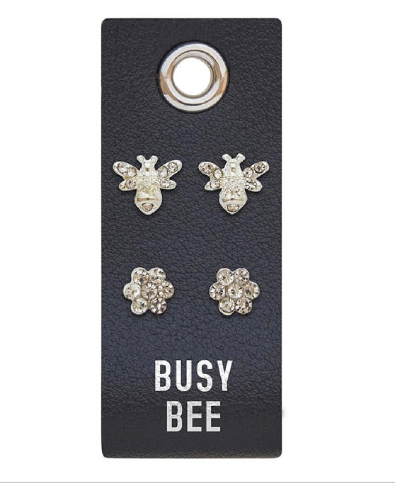 Leather Tag Earrings Busy Bee Silver