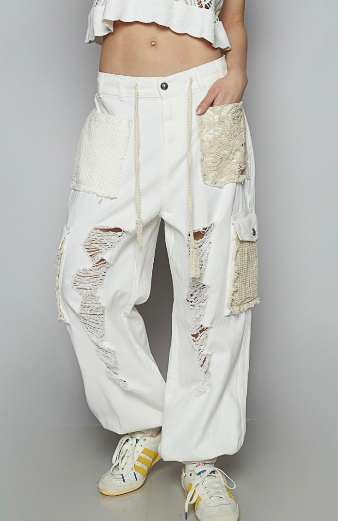 Kezia Distressed Loose Fit Joggers-Off White