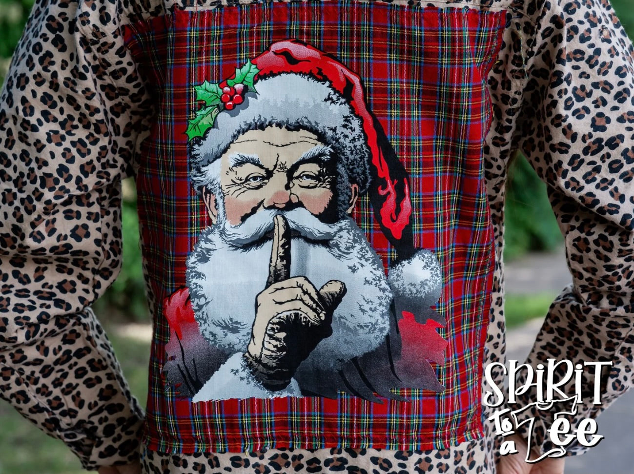 Believe Santa Patch on an Animal Print Flannel