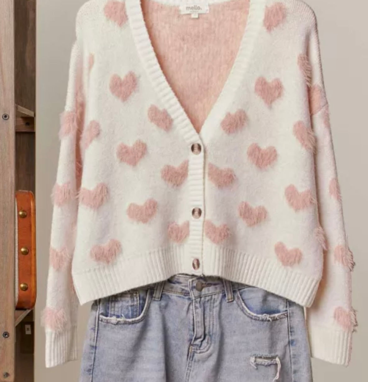 Fuzzy Heart Cardigan-Beige