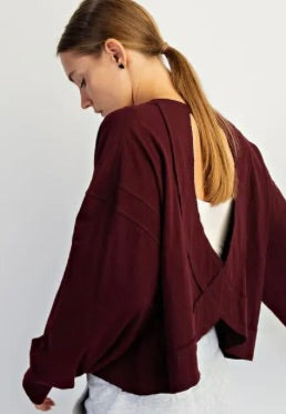 COTTON SLUB OPEN BACK LONG SLEEVE TOP-Dark Cherry