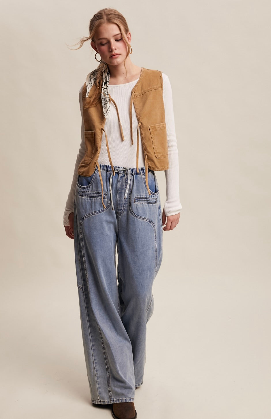 Wesley Colored Denim Tie-Front Vest-Caramel
