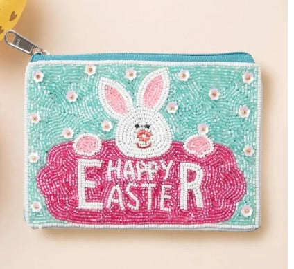 Happy Easter Message Easter Bunny Seed Beaded Mini Pouch Bag