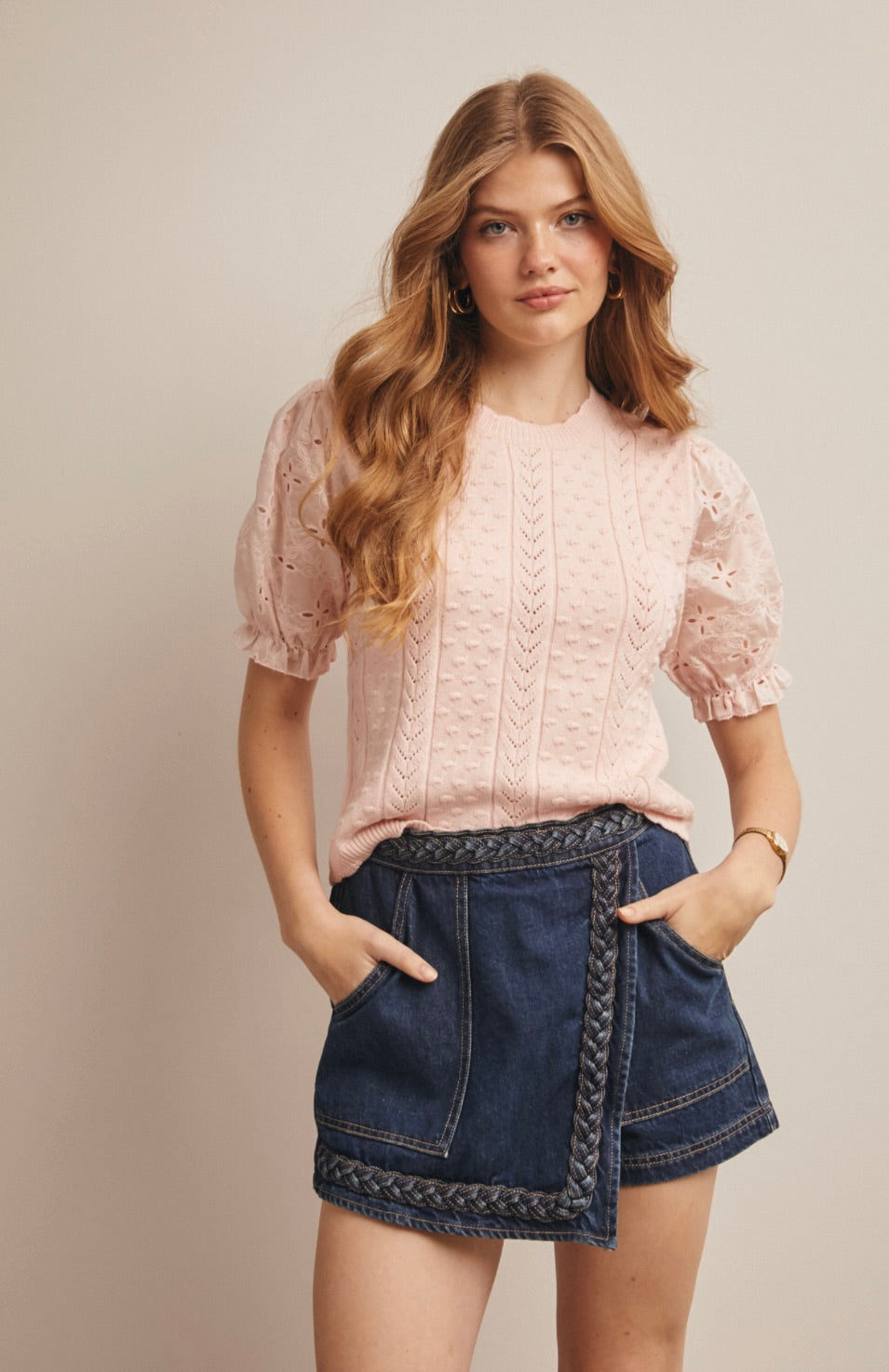 Layla Lace Puff Sleeve Knit Top-Mute Pink