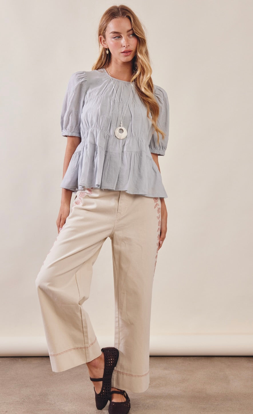 Emile Embroidered Rose Peplum Blouse-Misty Blue