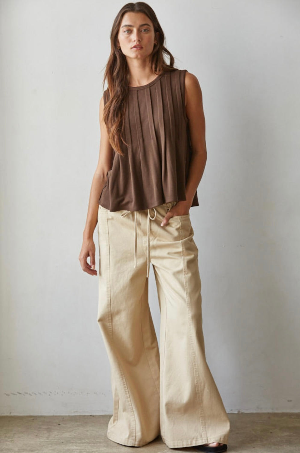 Aura Pleated Front Tops-Brown
