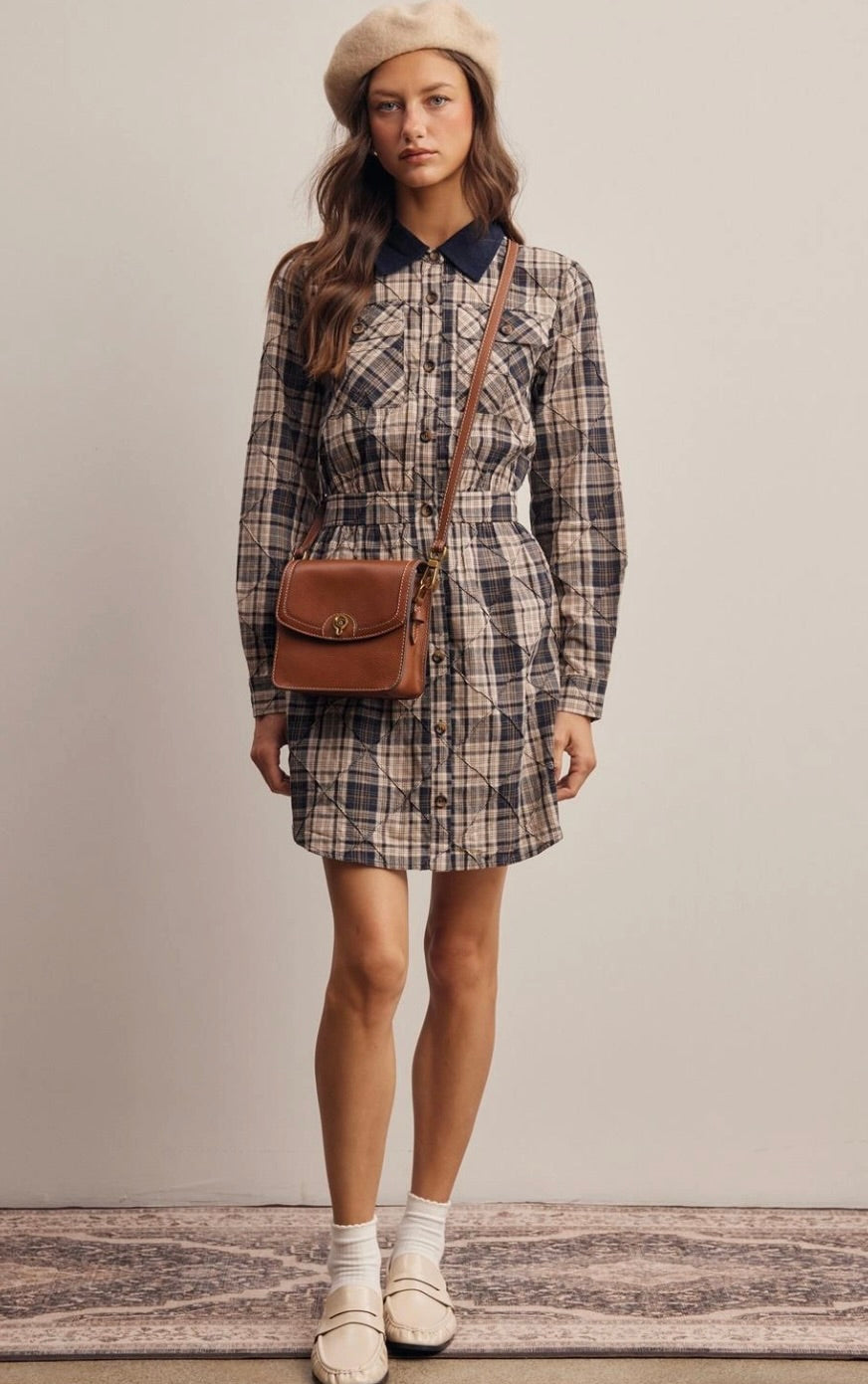 Corduroy Collar Plaid Textured Cotton Shirt Dress-Navy
