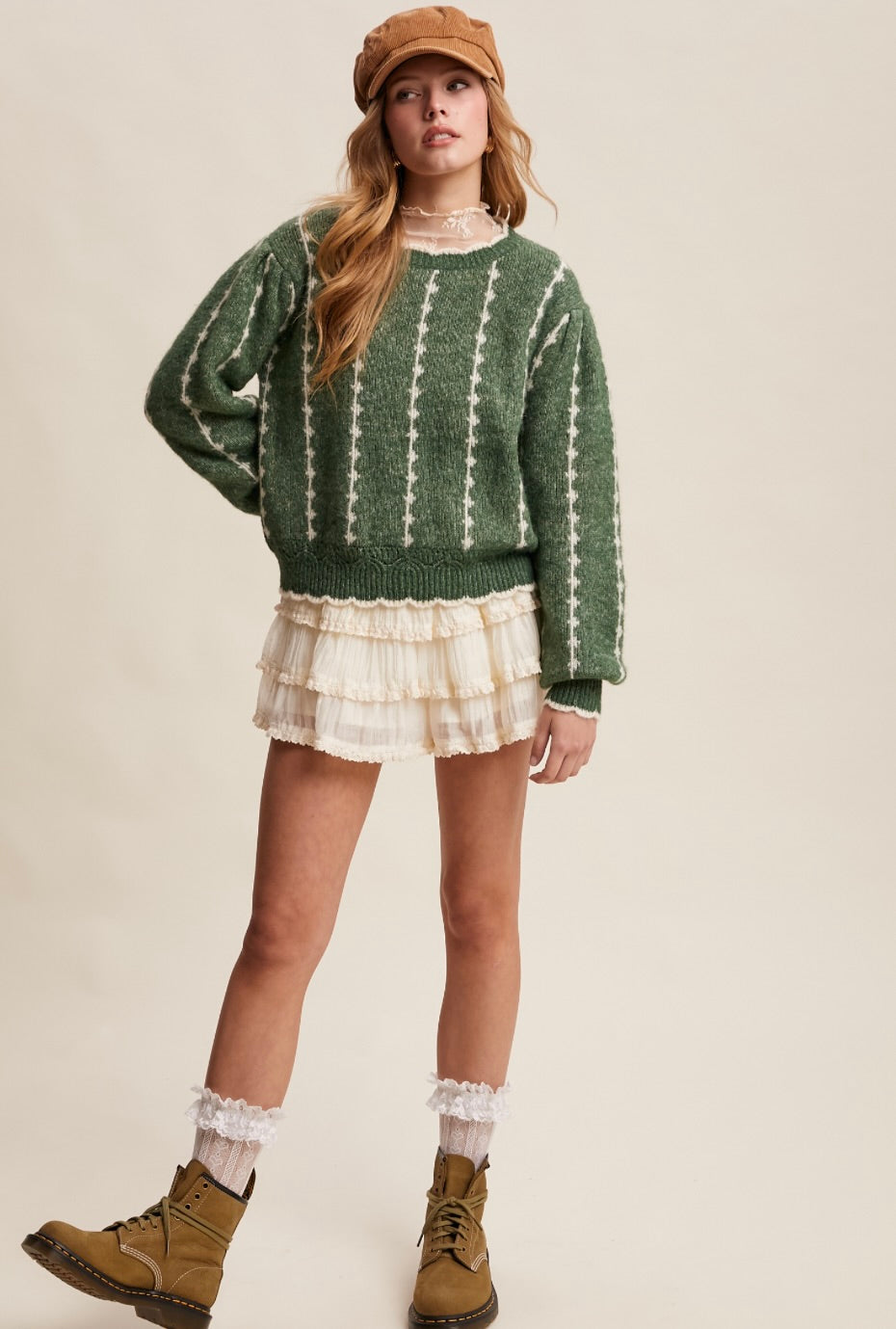 Textured Jacquard Knit Crew Sweater-Green