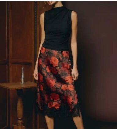 Floral Satin Lace Hem Pencil Skirt-Sangria Rose