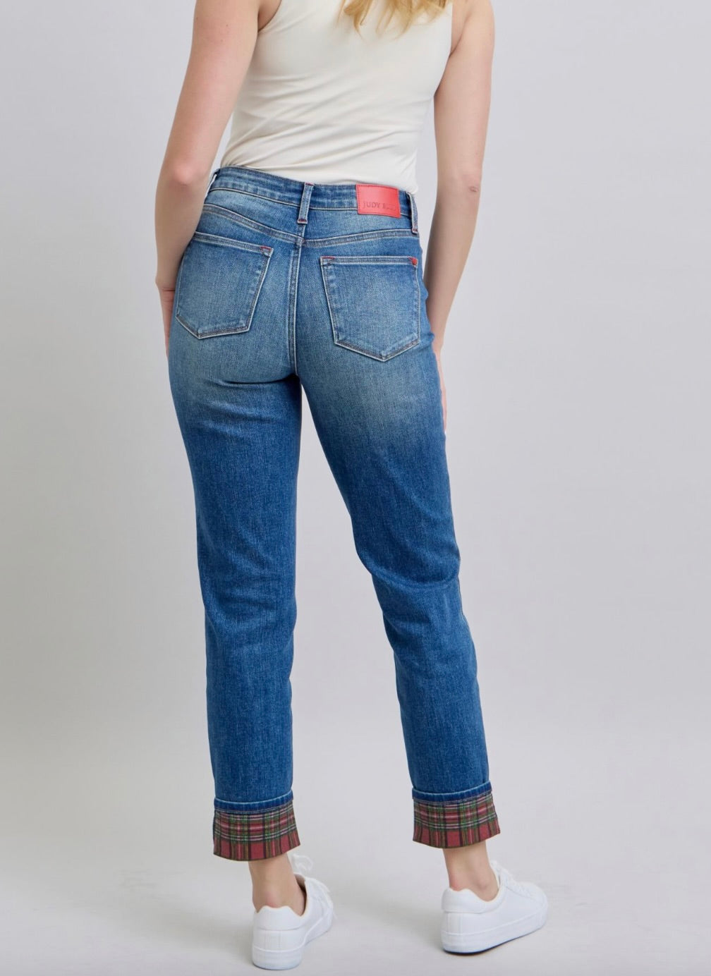 Prancer MR Plaid Print Cuff BF Jeans