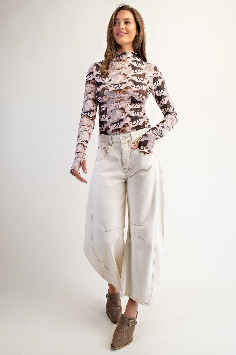 Cassidy Galloping Horse Printed Mesh Long Sleeve Top-Rose