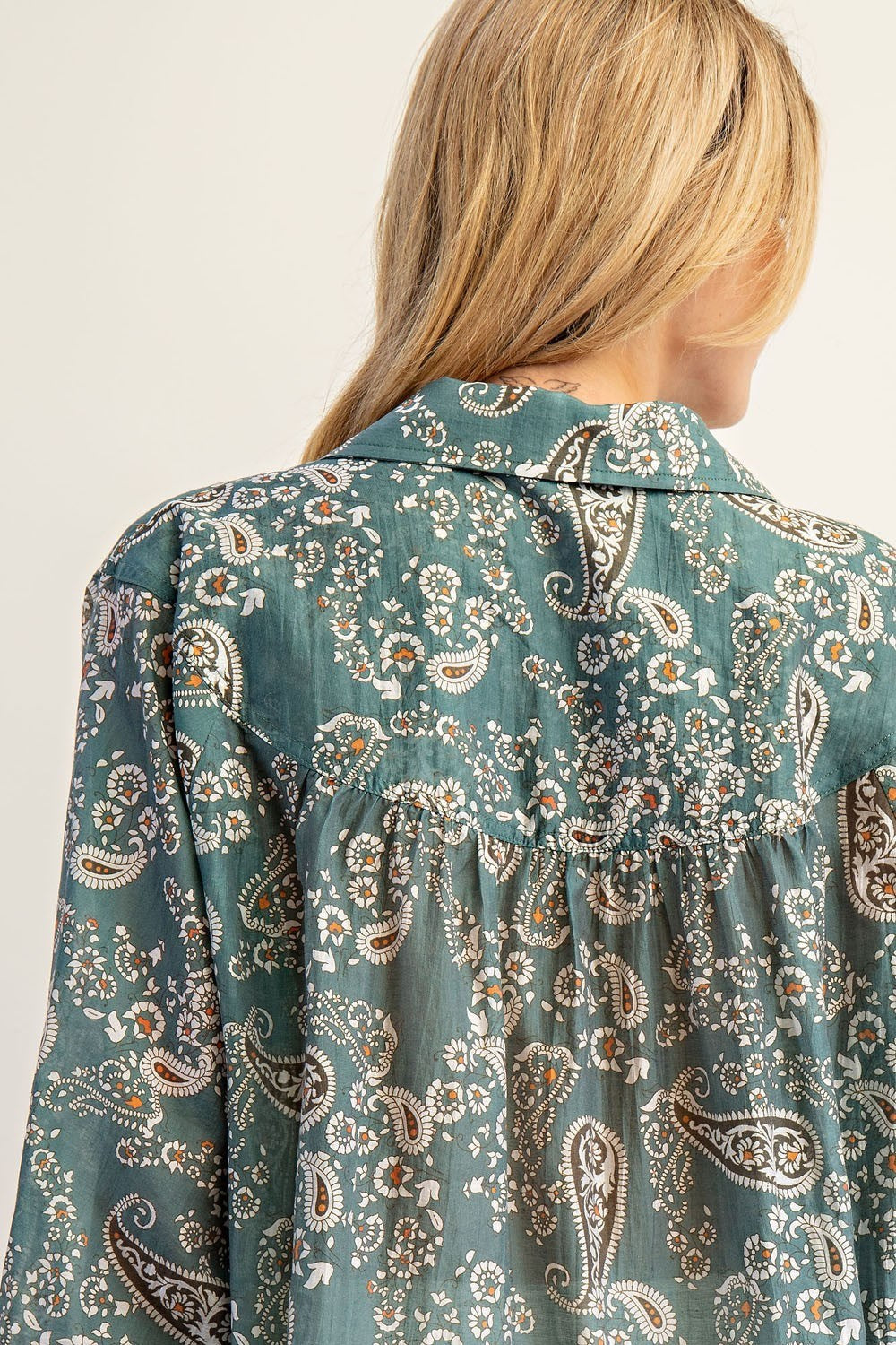 Paisley Printed Long Sleeve Blouse-Teal