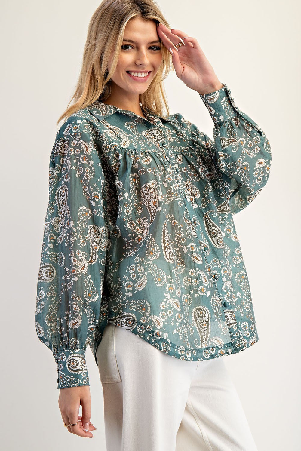 Paisley Printed Long Sleeve Blouse-Teal