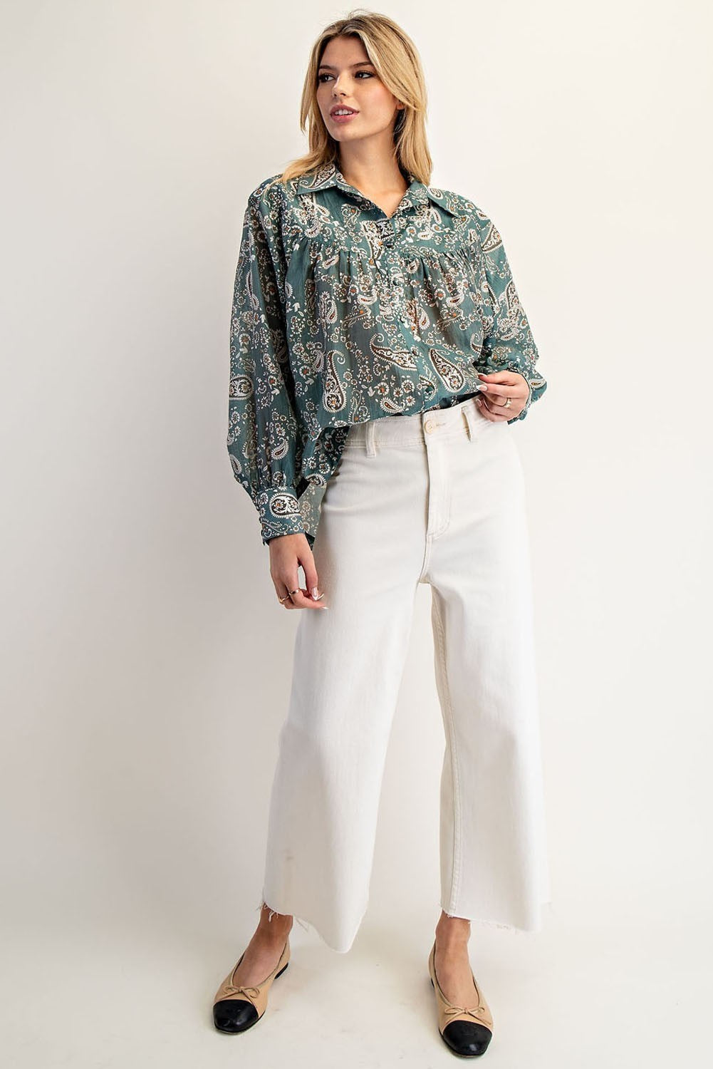 Paisley Printed Long Sleeve Blouse-Teal
