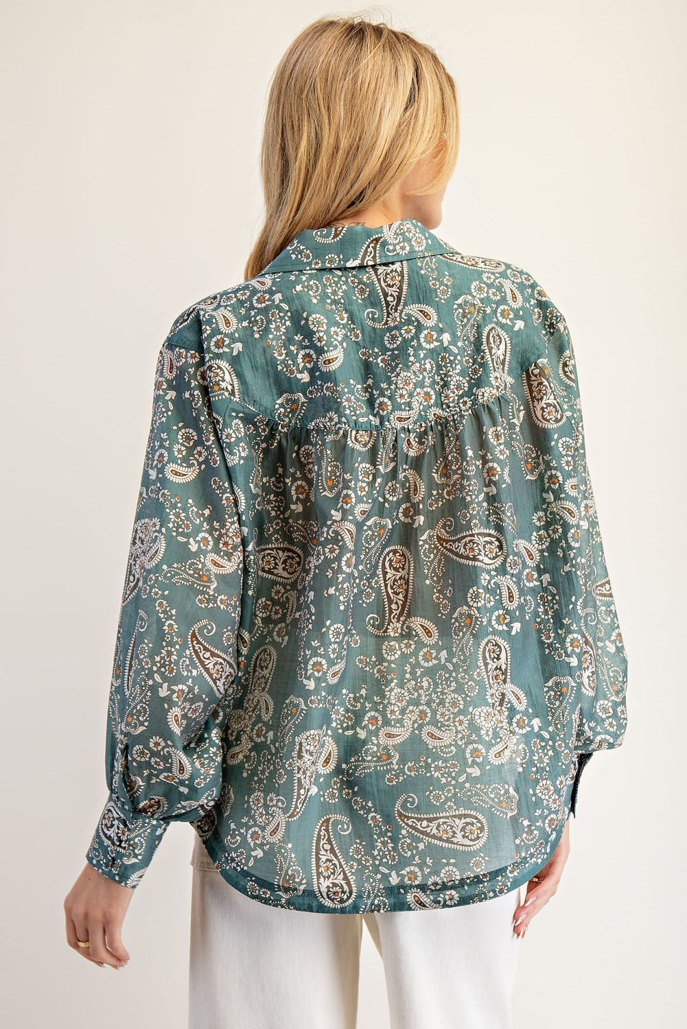 Paisley Printed Long Sleeve Blouse-Teal