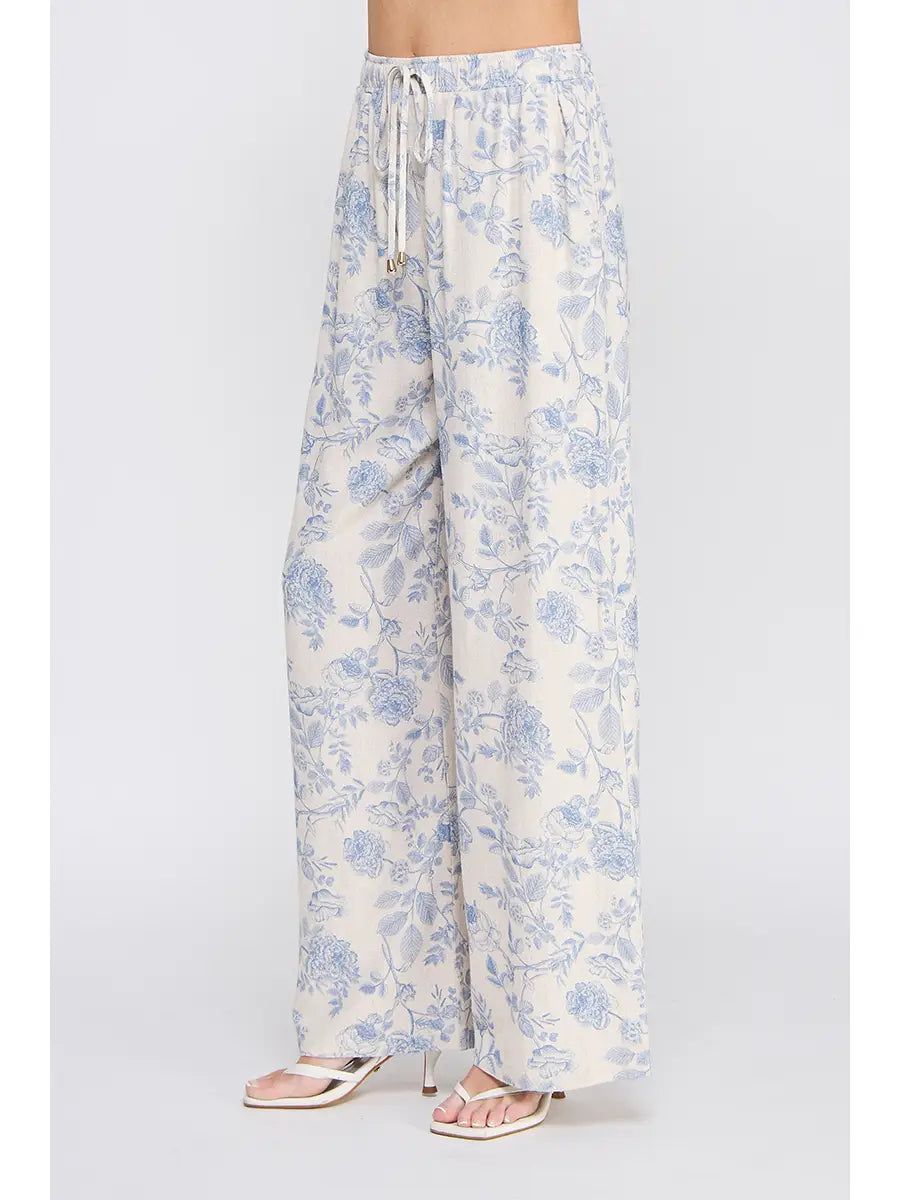 Allie Printed Soft Linen Elastic Tie Waist Wide Leg Pants