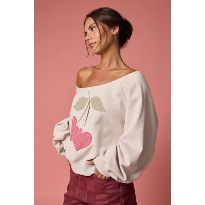 Cherry Embroidery Off Shoulder Sweater Top