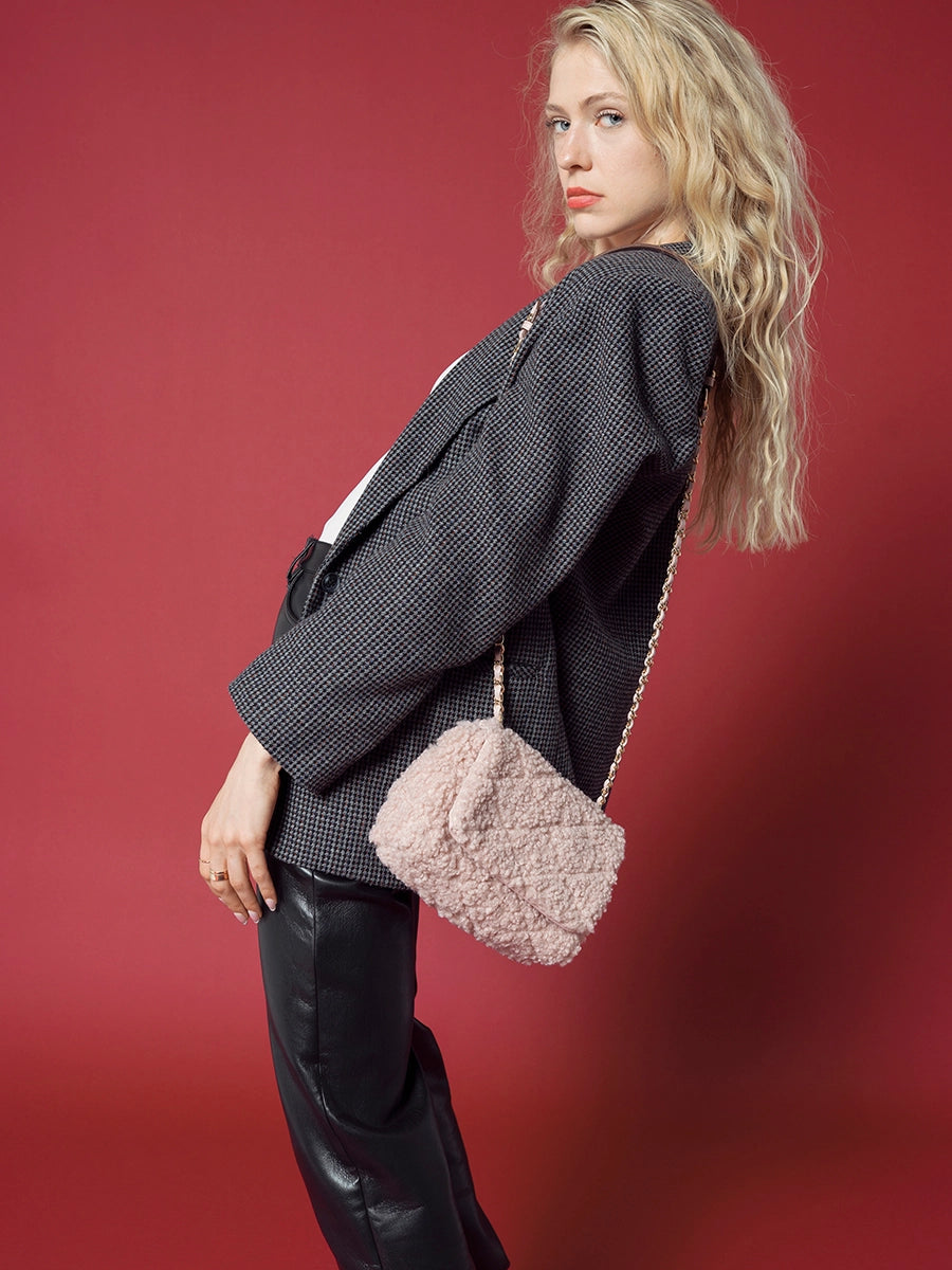 Sofia Sherpa Crossbody w/ Chain Strap-Black
