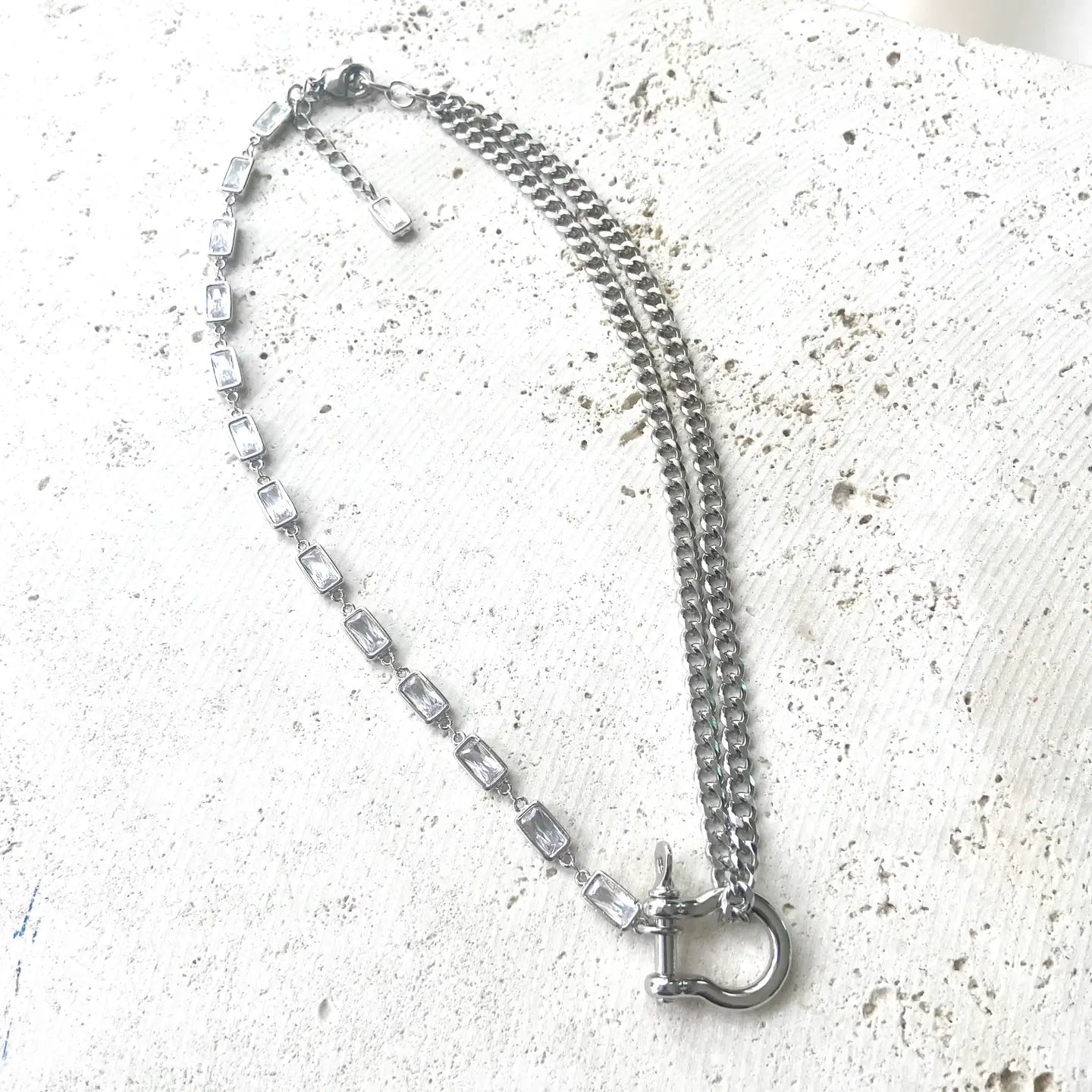Edgy Glam Carabiner Shackle Necklace Silver Stainless Steel