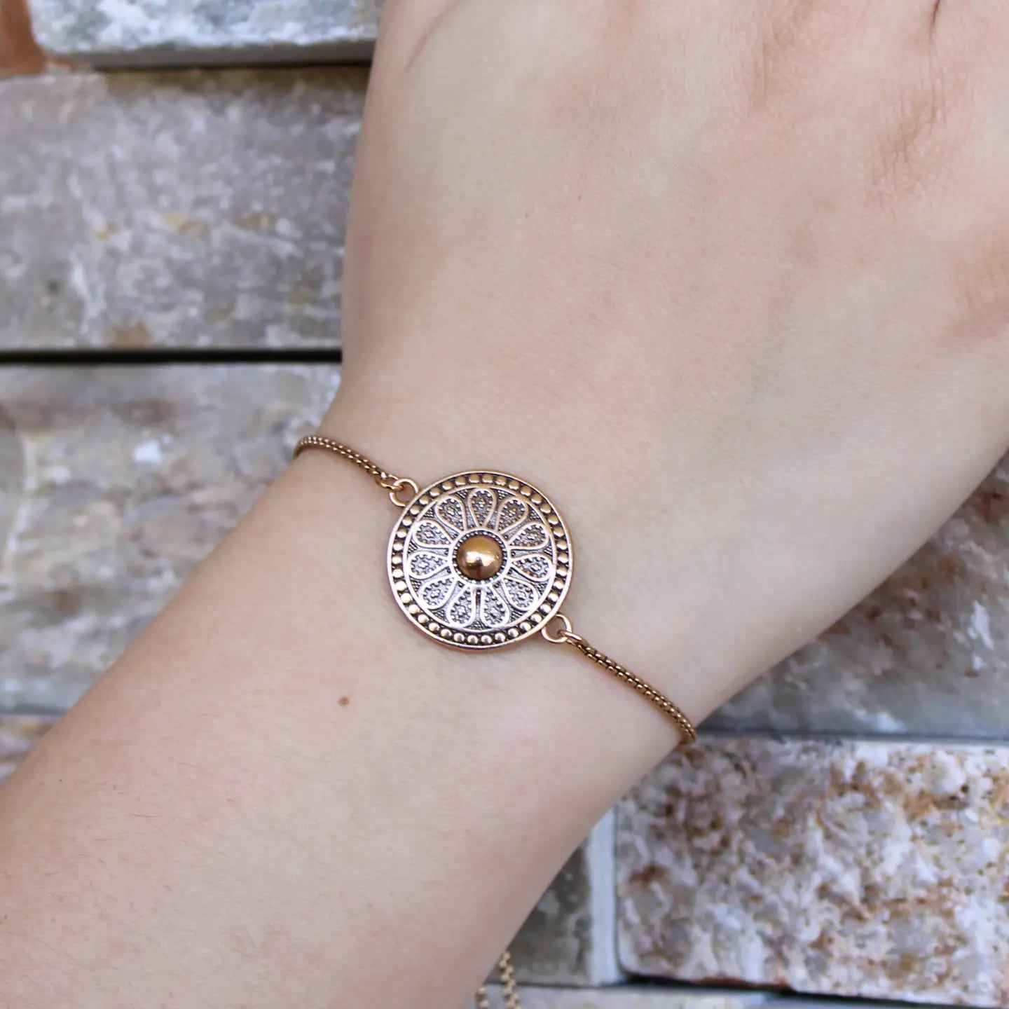 Pause Breathe Smile Mandala Adjustable Bracelet-Antique Gold