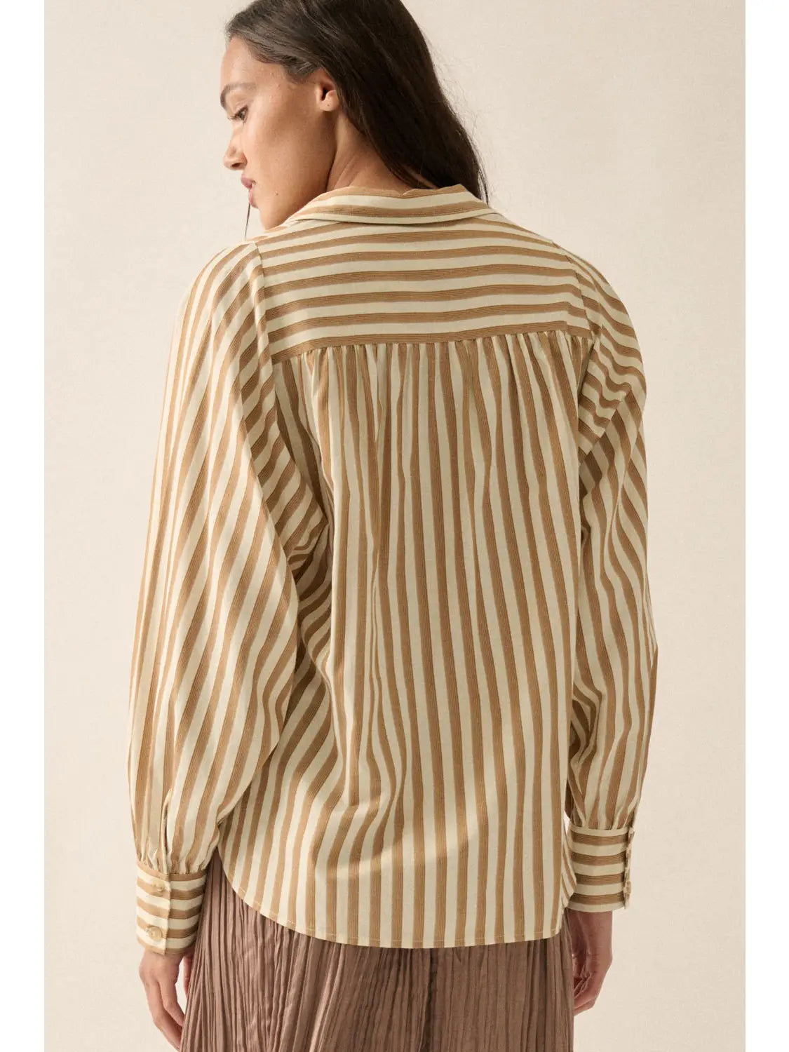 Striped Woven Dolman-Sleeve Button-Up Shirt-Taupe