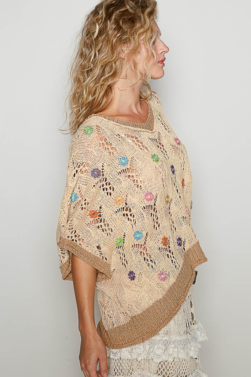Polly V-neck Sleeveless Flower Outseam Thin Sweater Top-Beige/Latte