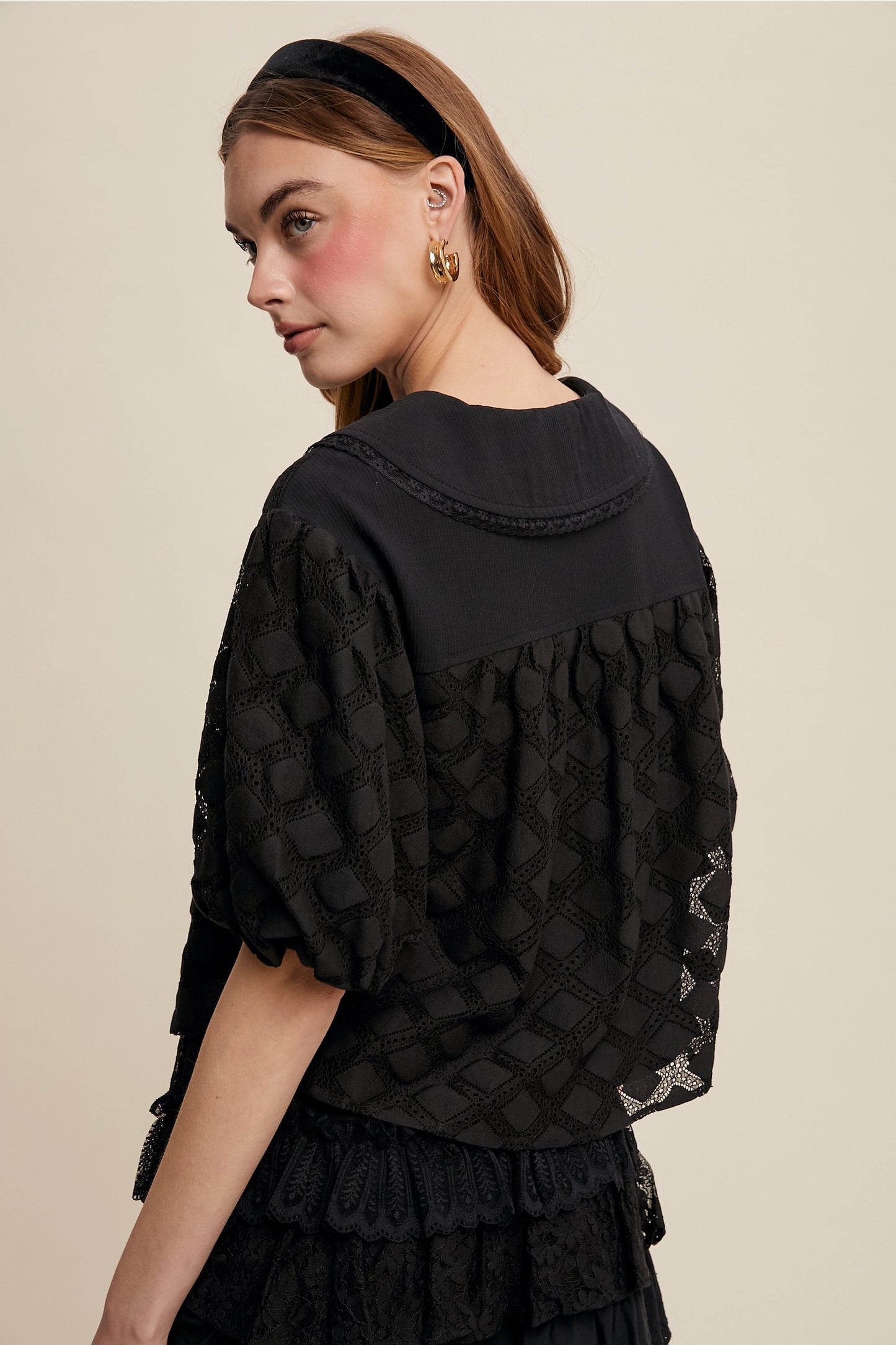 Lace Peter Pan Collar Blouse-Black