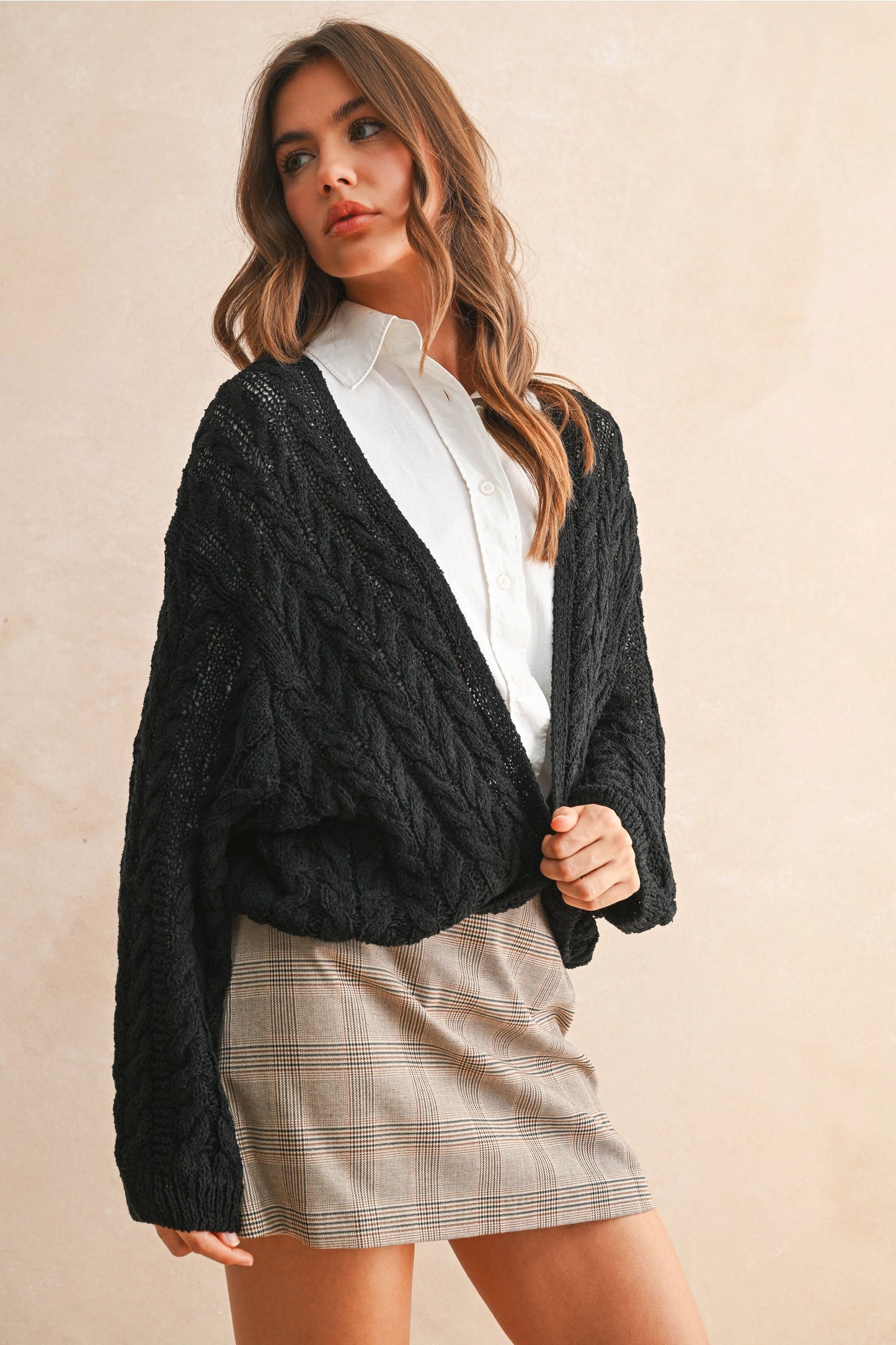 Wednesday Light Weight Cable Knitted Cardigan-BLACK