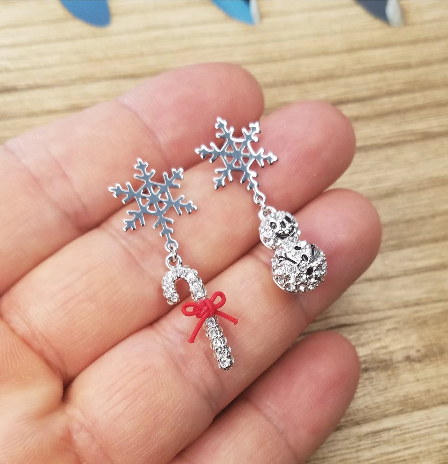 Snow Flake Earring with Mismatched Dangle Snowman and Cane-S