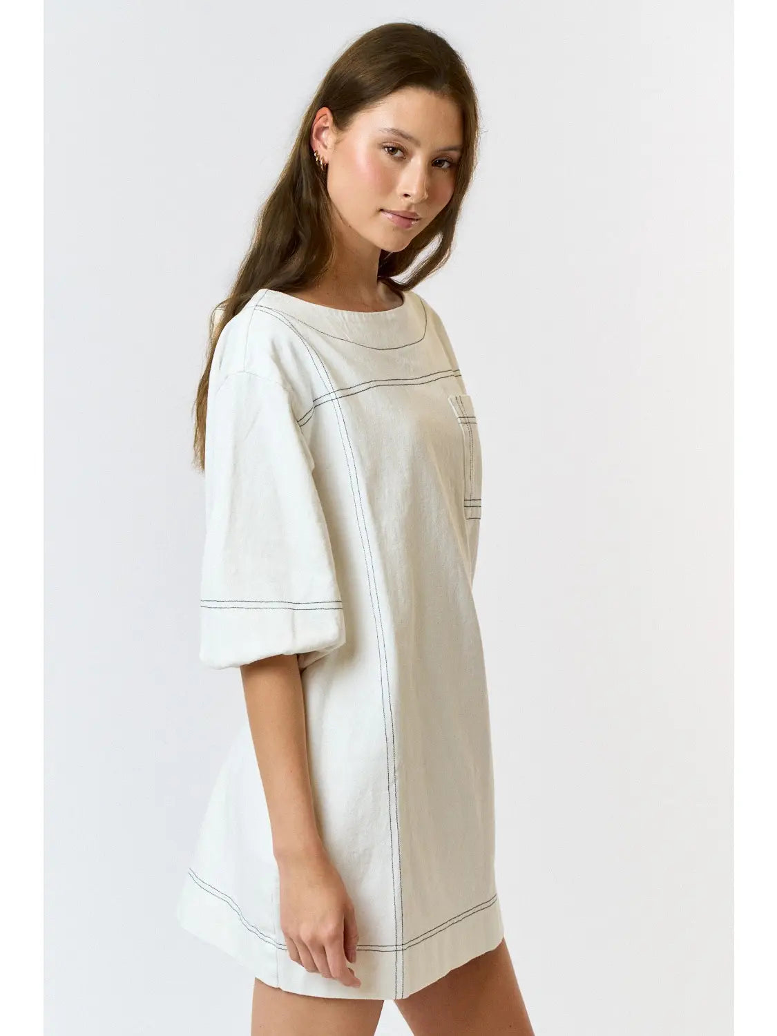 Denim Mini Dress with Boat Sleeves and Puff Sleeves-Off White