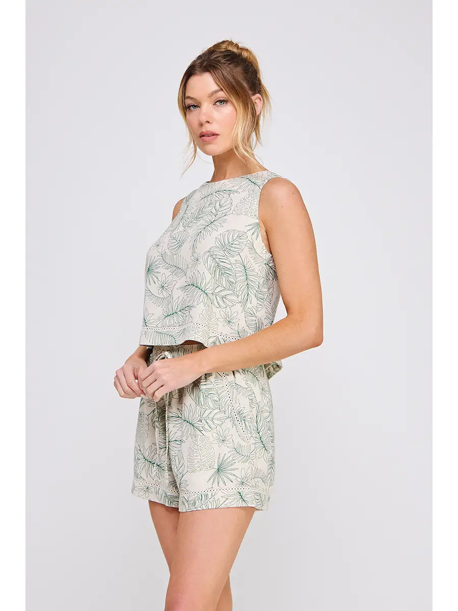 Amanda Printed Linen Blend Button Back Tank